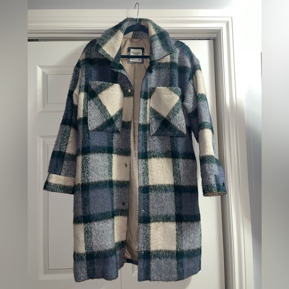 Abercrombie Long-Length Wool-Blend Shirt Jacket Blue Plaid - Picture 3 of 5